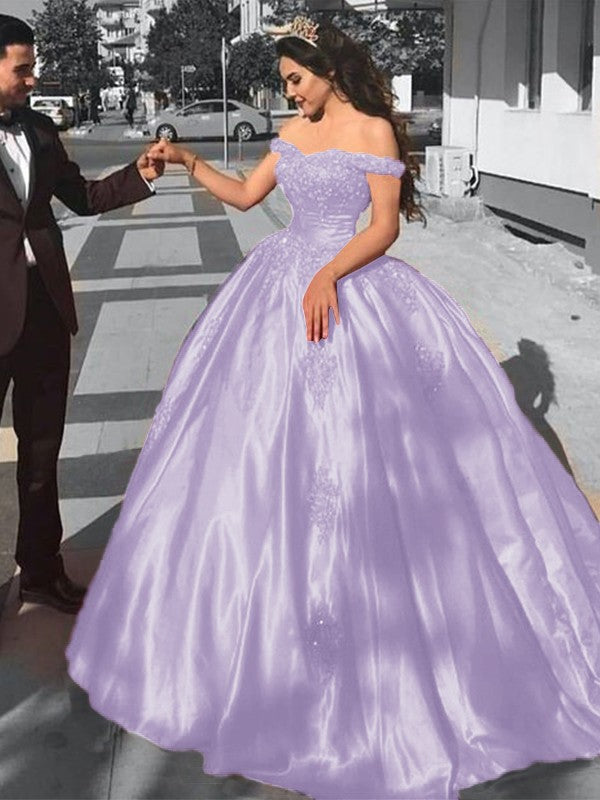 Ball Gown Sleeveless Off-the-Shoulder Sweep/Brush Train Satin Lace Prom Dress
