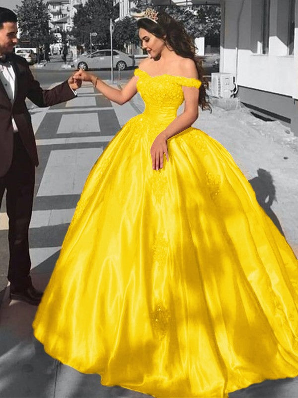 Ball Gown Sleeveless Off-the-Shoulder Sweep/Brush Train Satin Lace Prom Dress