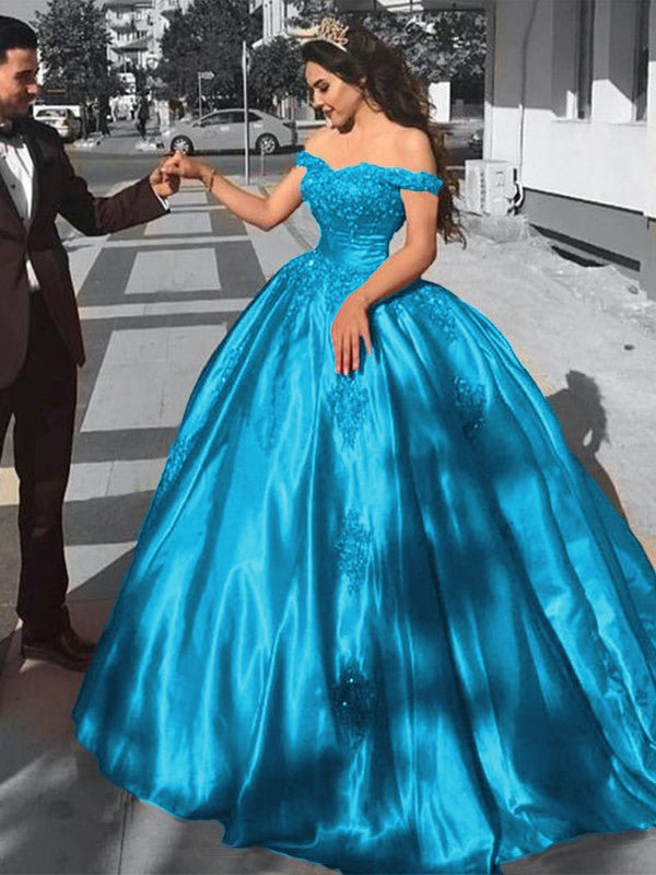 Ball Gown Sleeveless Off-the-Shoulder Sweep/Brush Train Satin Lace Prom Dress