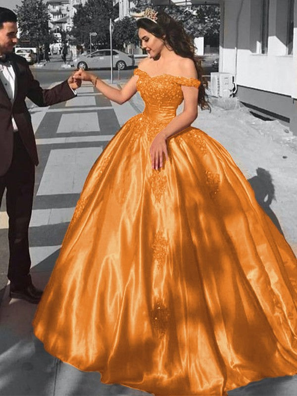 Ball Gown Sleeveless Off-the-Shoulder Sweep/Brush Train Satin Lace Prom Dress