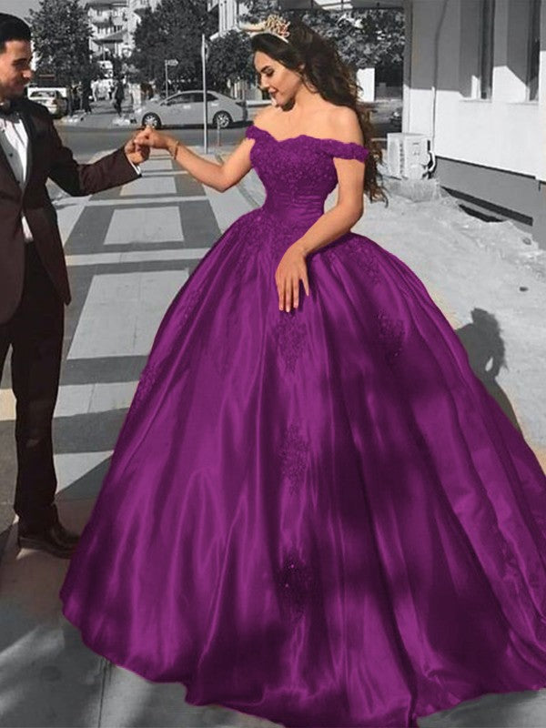 Ball Gown Sleeveless Off-the-Shoulder Sweep/Brush Train Satin Lace Prom Dress