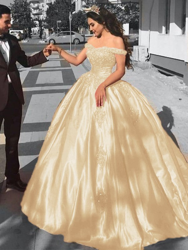 Ball Gown Sleeveless Off-the-Shoulder Sweep/Brush Train Satin Lace Prom Dress
