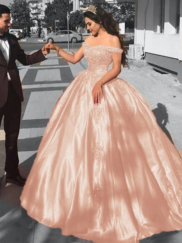 Ball Gown Sleeveless Off-the-Shoulder Sweep/Brush Train Satin Lace Prom Dress