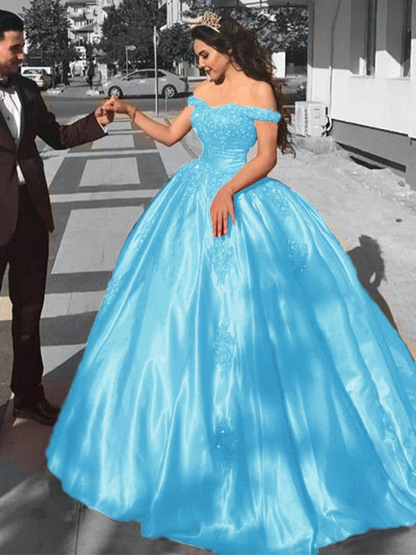 Ball Gown Sleeveless Off-the-Shoulder Sweep/Brush Train Satin Lace Prom Dress