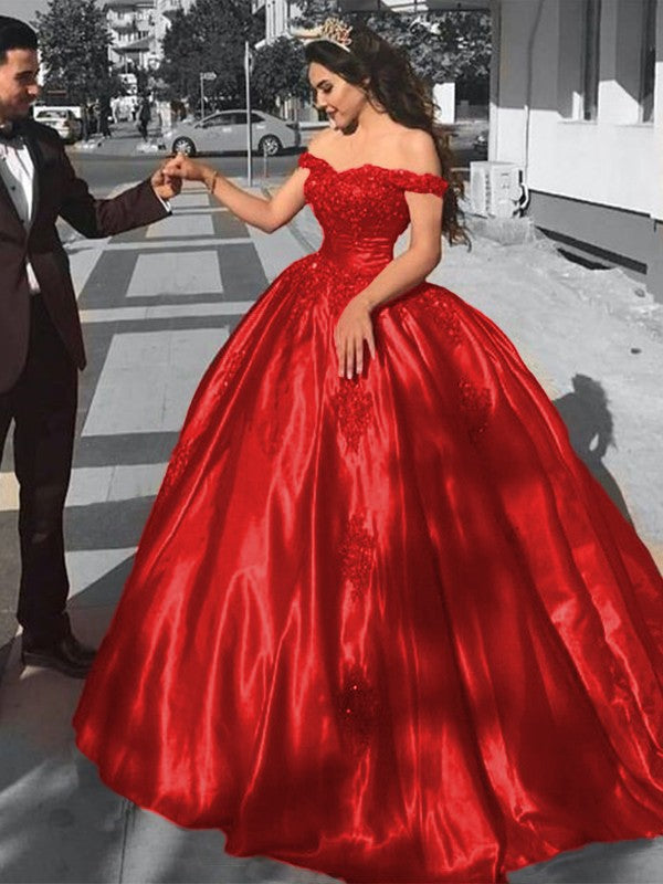 Ball Gown Sleeveless Off-the-Shoulder Sweep/Brush Train Satin Lace Prom Dress