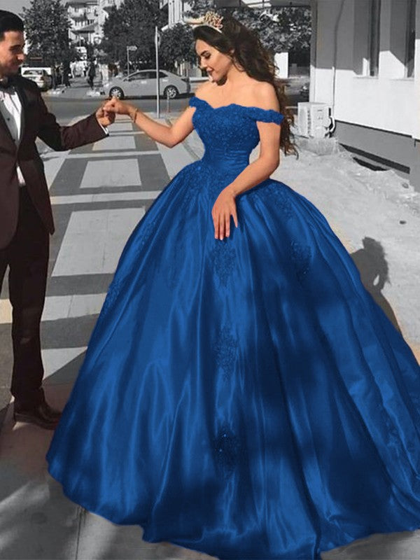 Ball Gown Sleeveless Off-the-Shoulder Sweep/Brush Train Satin Lace Prom Dress