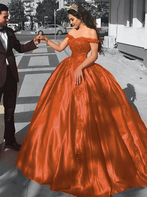 Ball Gown Sleeveless Off-the-Shoulder Sweep/Brush Train Satin Lace Prom Dress