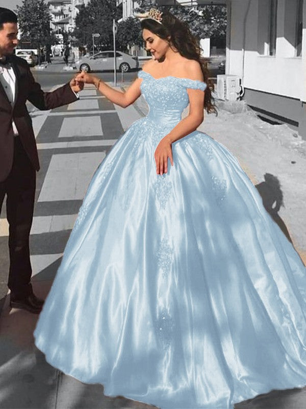 Ball Gown Sleeveless Off-the-Shoulder Sweep/Brush Train Satin Lace Prom Dress