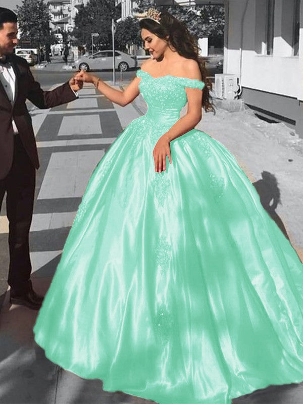 Ball Gown Sleeveless Off-the-Shoulder Sweep/Brush Train Satin Lace Prom Dress