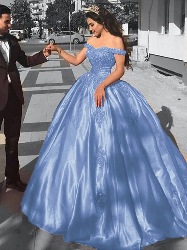 Ball Gown Sleeveless Off-the-Shoulder Sweep/Brush Train Satin Lace Prom Dress