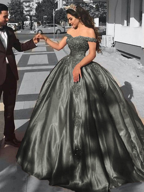 Ball Gown Sleeveless Off-the-Shoulder Sweep/Brush Train Satin Lace Prom Dress