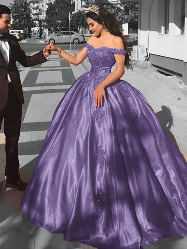 Ball Gown Sleeveless Off-the-Shoulder Sweep/Brush Train Satin Lace Prom Dress