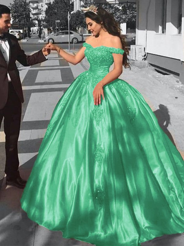 Ball Gown Sleeveless Off-the-Shoulder Sweep/Brush Train Satin Lace Prom Dress