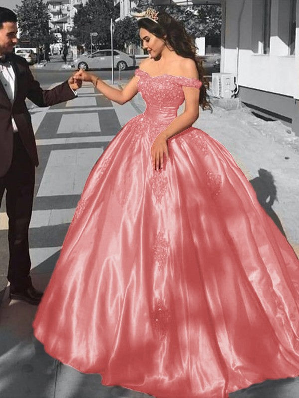 Ball Gown Sleeveless Off-the-Shoulder Sweep/Brush Train Satin Lace Prom Dress