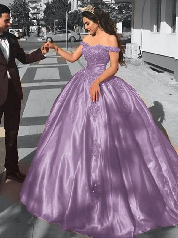 Ball Gown Sleeveless Off-the-Shoulder Sweep/Brush Train Satin Lace Prom Dress