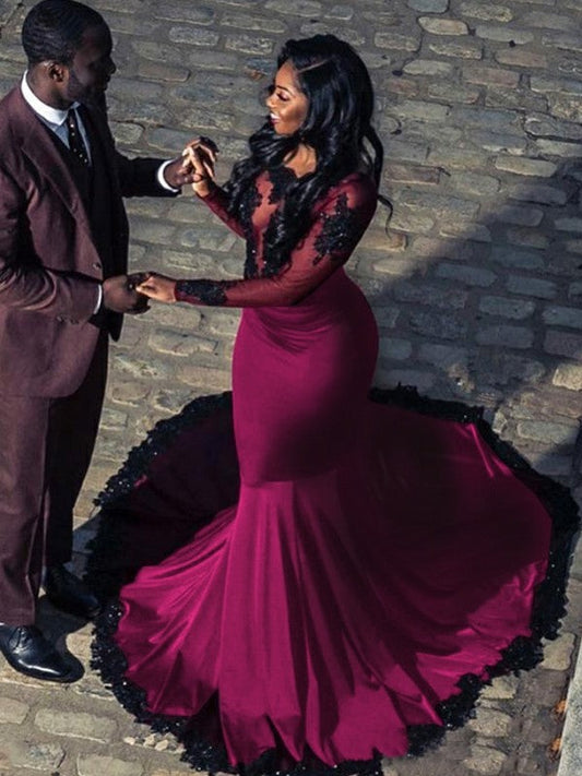 Mermaid Long Sleeves Bateau Court Train With Applique Spandex Prom Dress