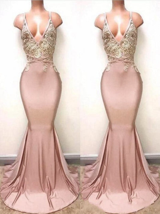 Mermaid Sleeveless V-neck Sweep/Brush Train Lace Charmeuse Prom Dress
