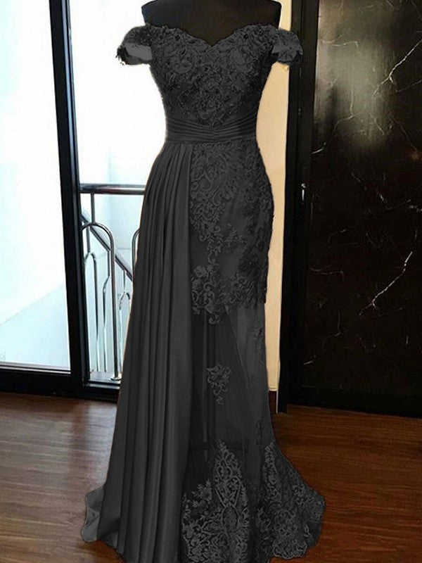 Sheath Sleeveless Off-the-Shoulder Sweep/Brush Train With Applique Elastic Woven Satin Tulle Prom Dress