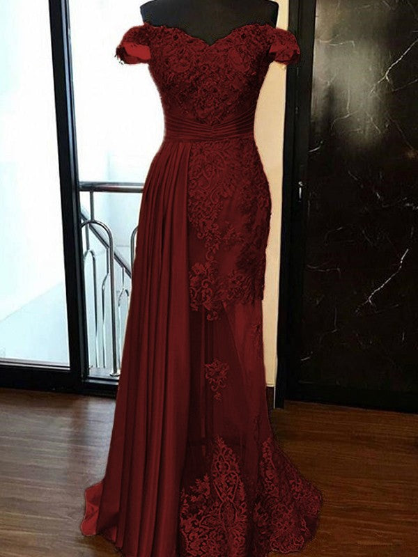 Sheath Sleeveless Off-the-Shoulder Sweep/Brush Train With Applique Elastic Woven Satin Tulle Prom Dress