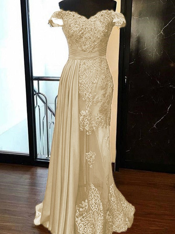 Sheath Sleeveless Off-the-Shoulder Sweep/Brush Train With Applique Elastic Woven Satin Tulle Prom Dress