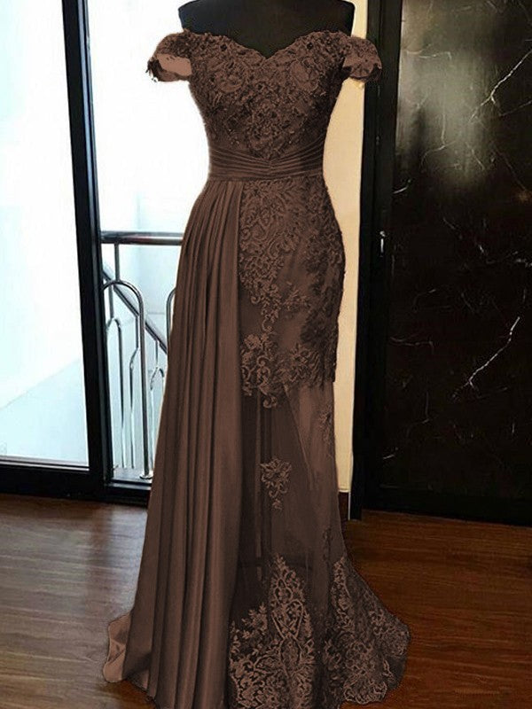 Sheath Sleeveless Off-the-Shoulder Sweep/Brush Train With Applique Elastic Woven Satin Tulle Prom Dress