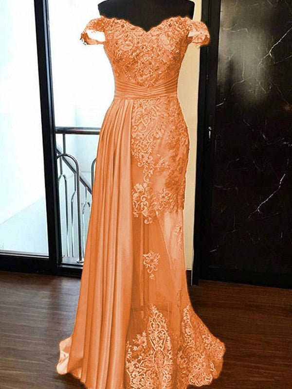 Sheath Sleeveless Off-the-Shoulder Sweep/Brush Train With Applique Elastic Woven Satin Tulle Prom Dress
