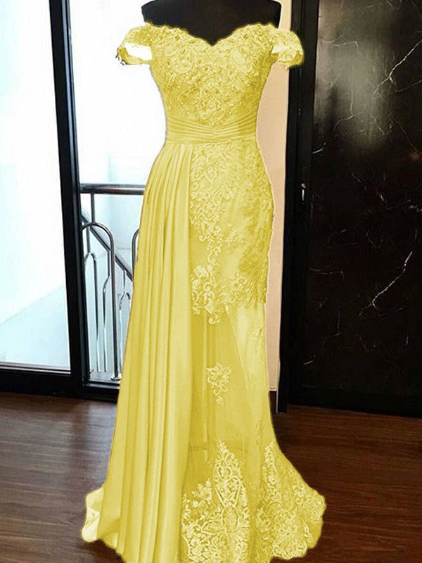 Sheath Sleeveless Off-the-Shoulder Sweep/Brush Train With Applique Elastic Woven Satin Tulle Prom Dress