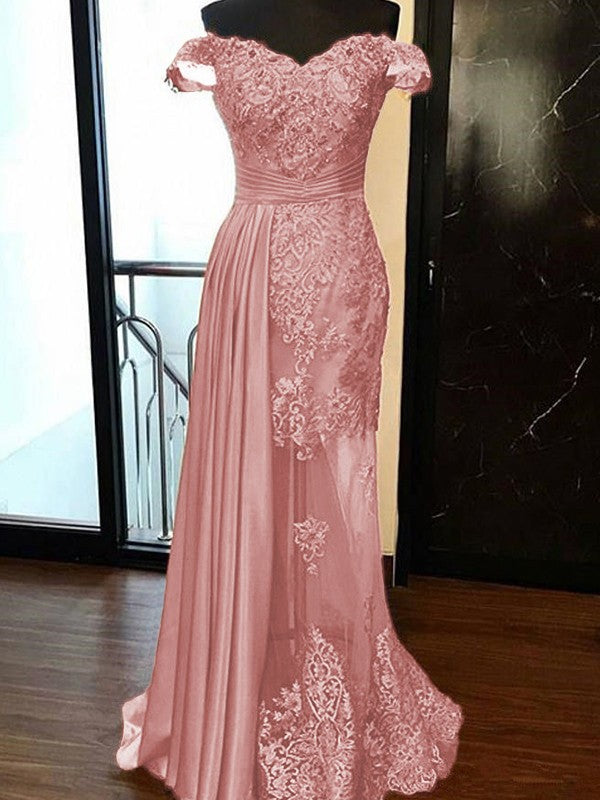 Sheath Sleeveless Off-the-Shoulder Sweep/Brush Train With Applique Elastic Woven Satin Tulle Prom Dress