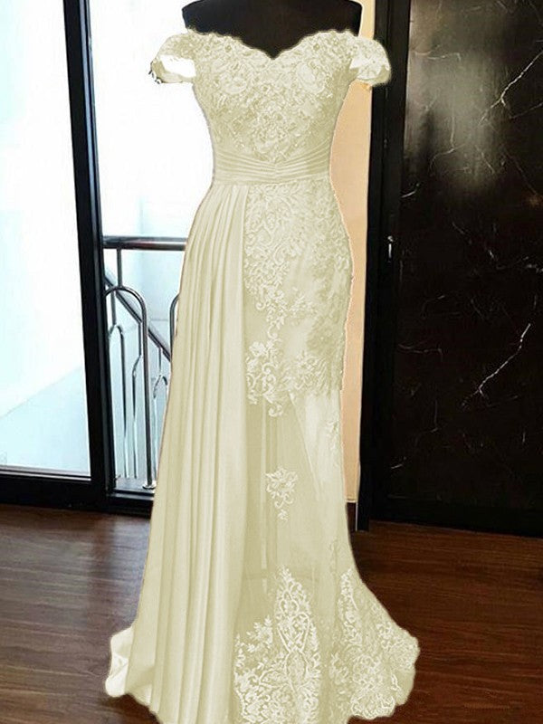 Sheath Sleeveless Off-the-Shoulder Sweep/Brush Train With Applique Elastic Woven Satin Tulle Prom Dress