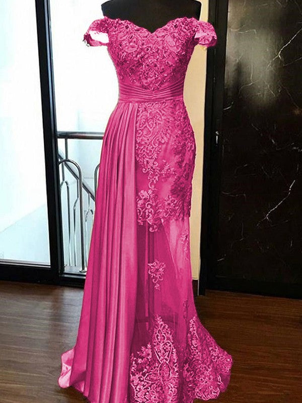 Sheath Sleeveless Off-the-Shoulder Sweep/Brush Train With Applique Elastic Woven Satin Tulle Prom Dress