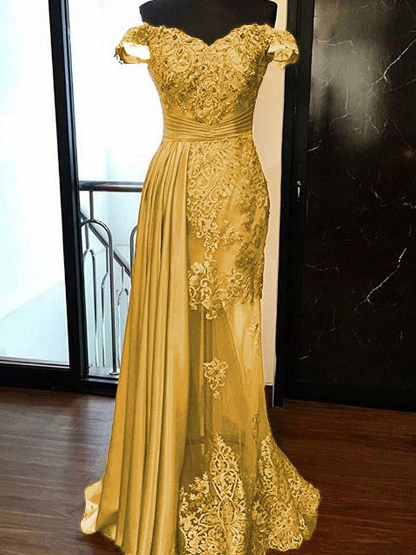 Sheath Sleeveless Off-the-Shoulder Sweep/Brush Train With Applique Elastic Woven Satin Tulle Prom Dress