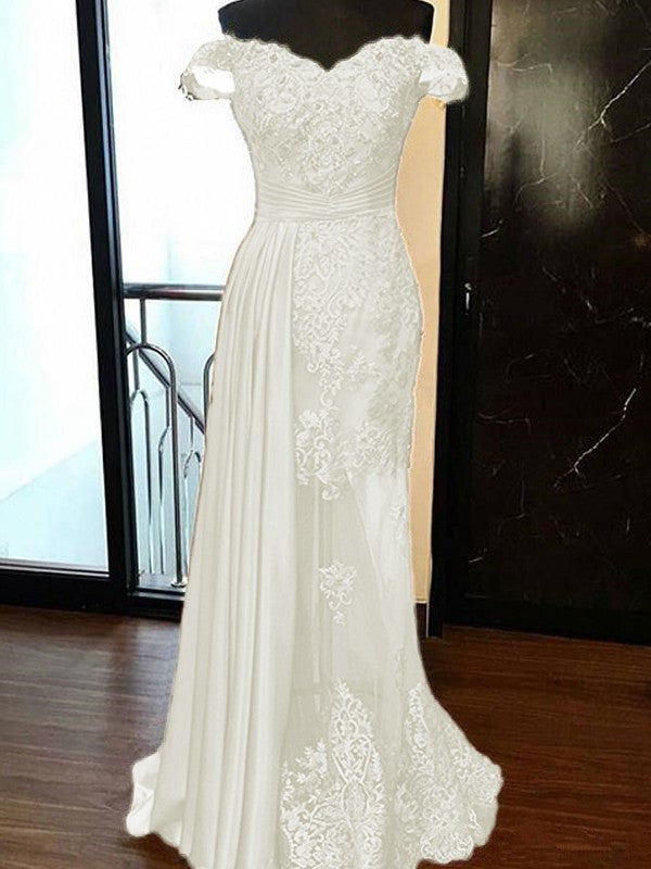 Sheath Sleeveless Off-the-Shoulder Sweep/Brush Train With Applique Elastic Woven Satin Tulle Prom Dress