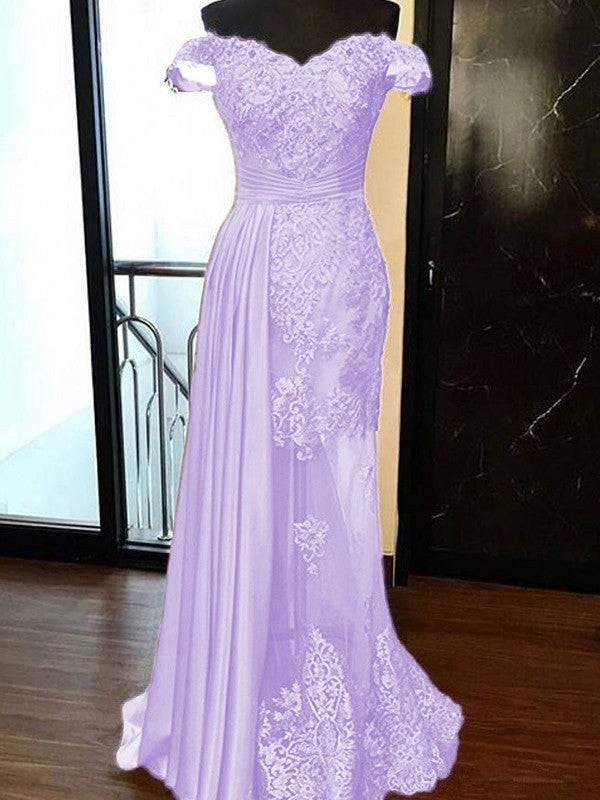 Sheath Sleeveless Off-the-Shoulder Sweep/Brush Train With Applique Elastic Woven Satin Tulle Prom Dress