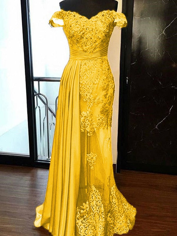 Sheath Sleeveless Off-the-Shoulder Sweep/Brush Train With Applique Elastic Woven Satin Tulle Prom Dress