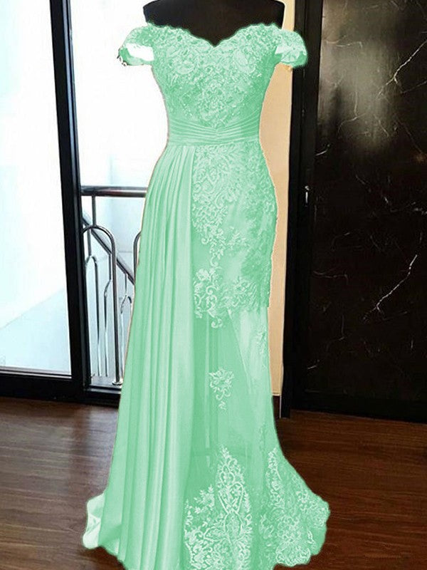 Sheath Sleeveless Off-the-Shoulder Sweep/Brush Train With Applique Elastic Woven Satin Tulle Prom Dress