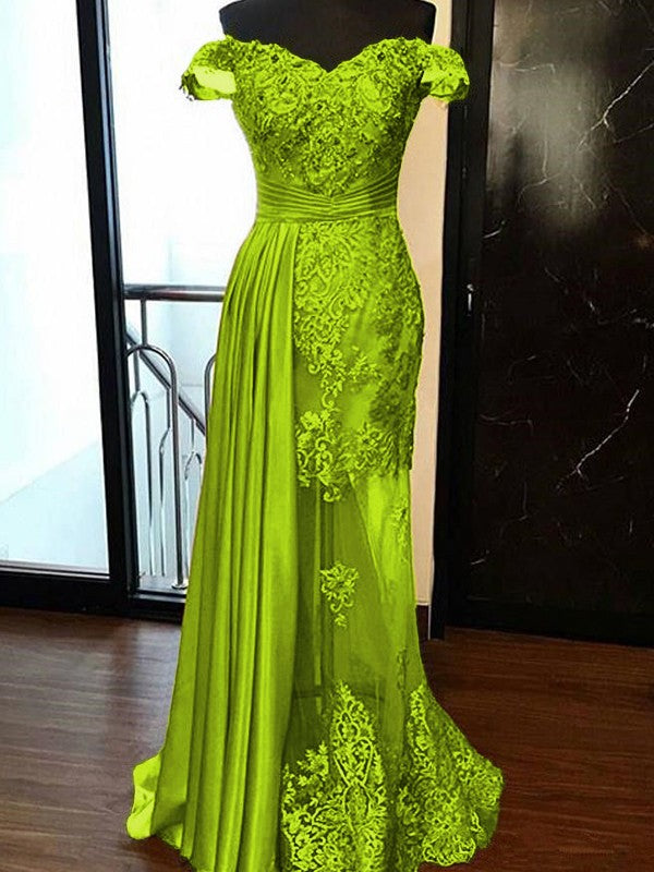 Sheath Sleeveless Off-the-Shoulder Sweep/Brush Train With Applique Elastic Woven Satin Tulle Prom Dress