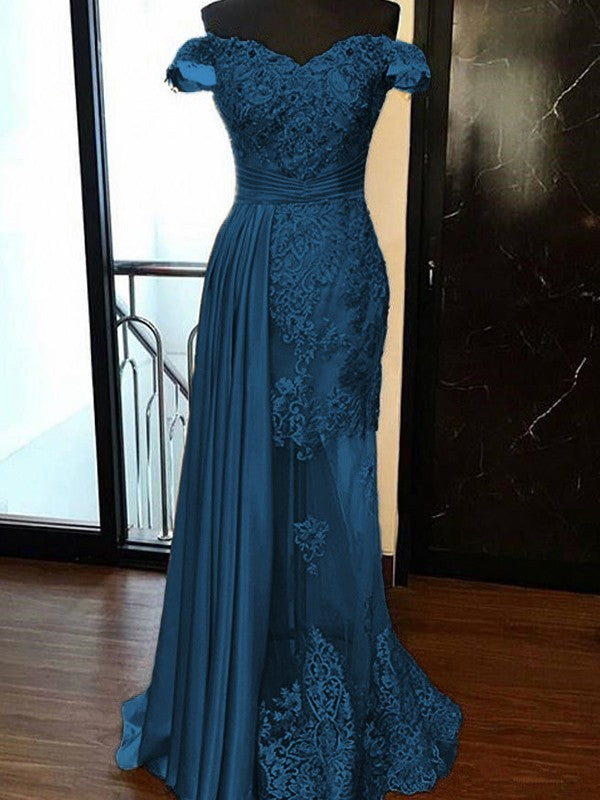 Sheath Sleeveless Off-the-Shoulder Sweep/Brush Train With Applique Elastic Woven Satin Tulle Prom Dress
