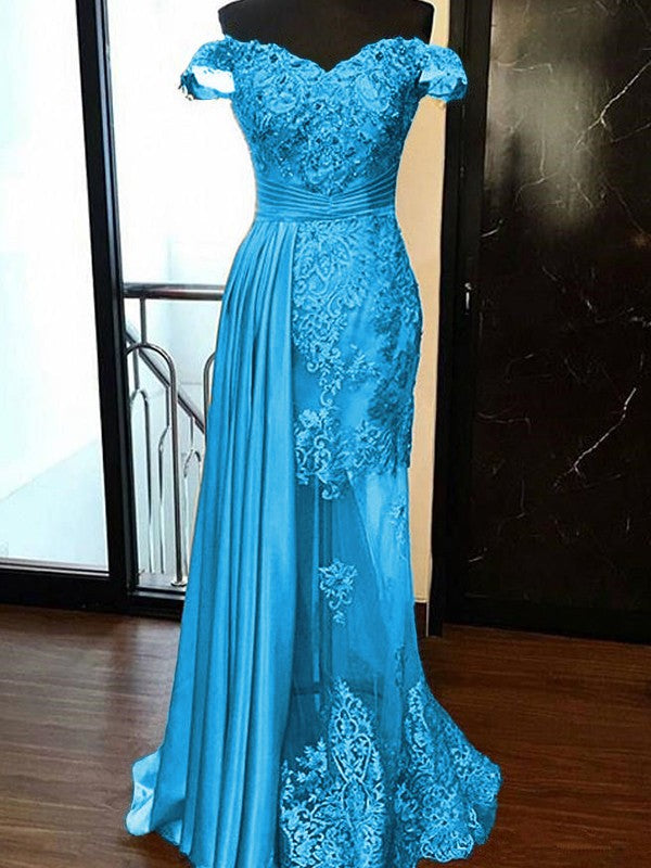 Sheath Sleeveless Off-the-Shoulder Sweep/Brush Train With Applique Elastic Woven Satin Tulle Prom Dress