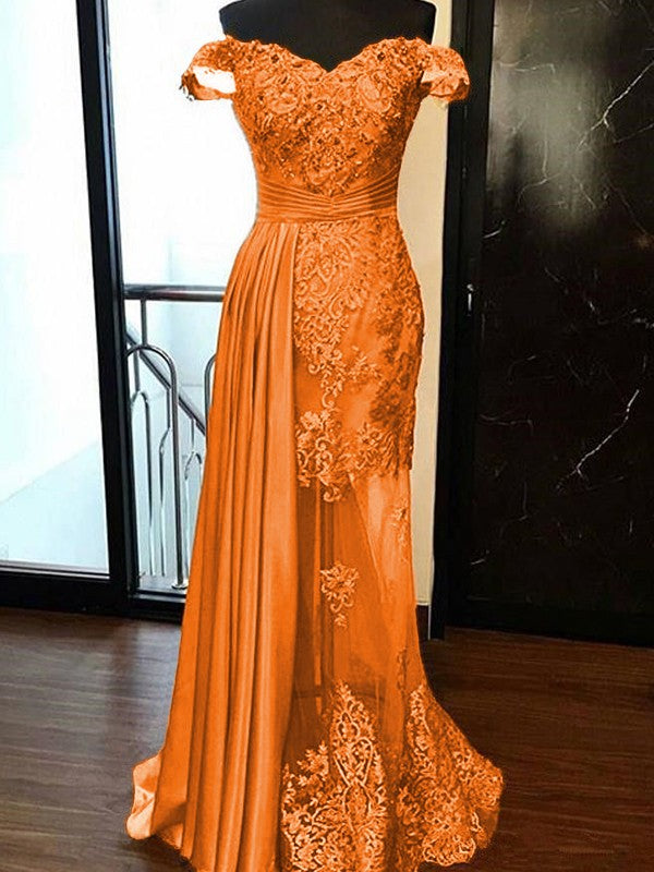 Sheath Sleeveless Off-the-Shoulder Sweep/Brush Train With Applique Elastic Woven Satin Tulle Prom Dress