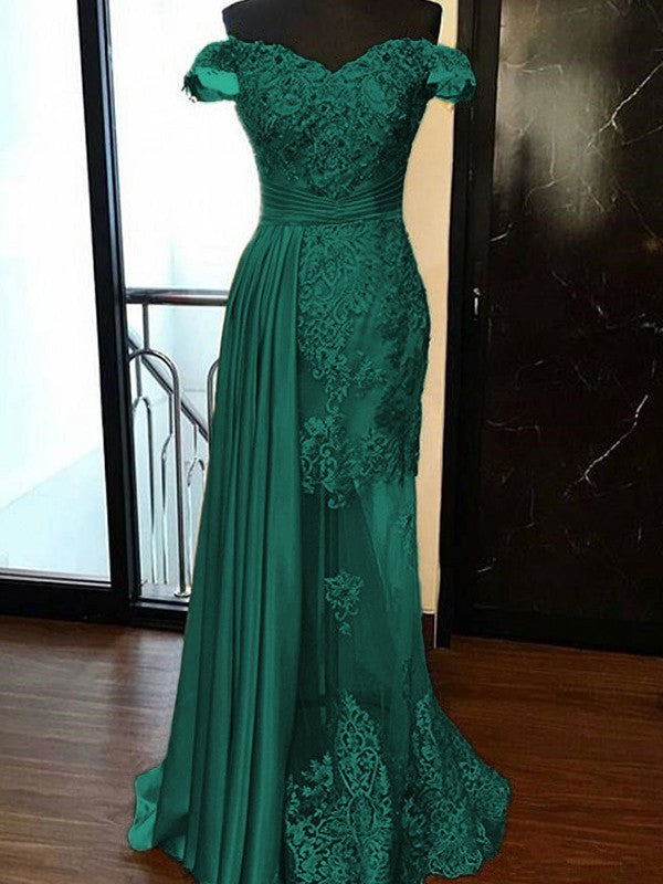 Sheath Sleeveless Off-the-Shoulder Sweep/Brush Train With Applique Elastic Woven Satin Tulle Prom Dress