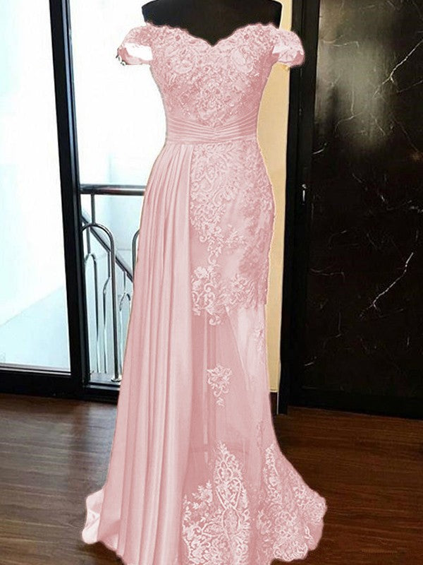 Sheath Sleeveless Off-the-Shoulder Sweep/Brush Train With Applique Elastic Woven Satin Tulle Prom Dress