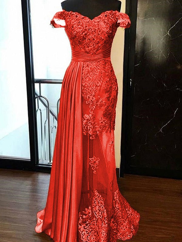 Sheath Sleeveless Off-the-Shoulder Sweep/Brush Train With Applique Elastic Woven Satin Tulle Prom Dress
