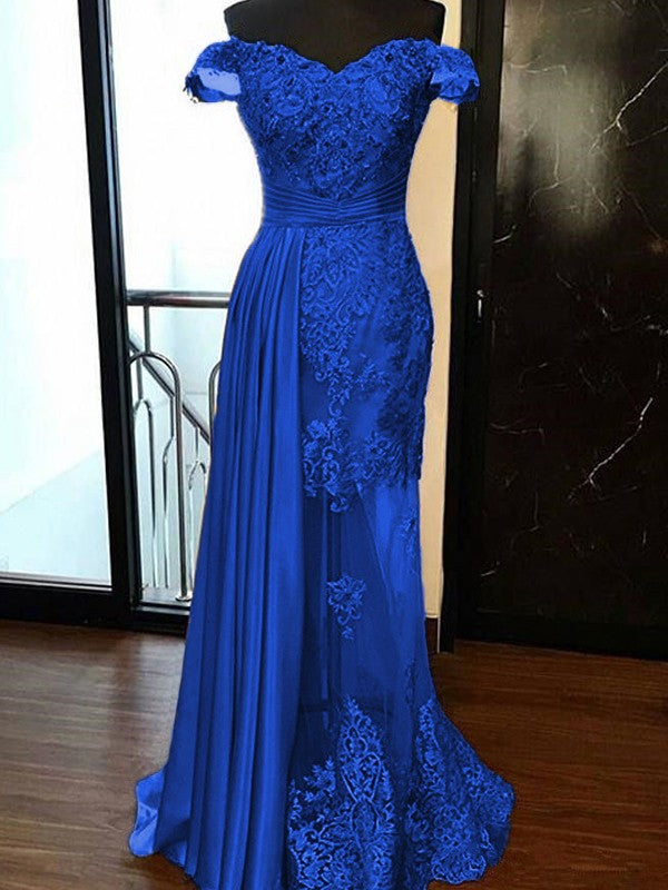 Sheath Sleeveless Off-the-Shoulder Sweep/Brush Train With Applique Elastic Woven Satin Tulle Prom Dress