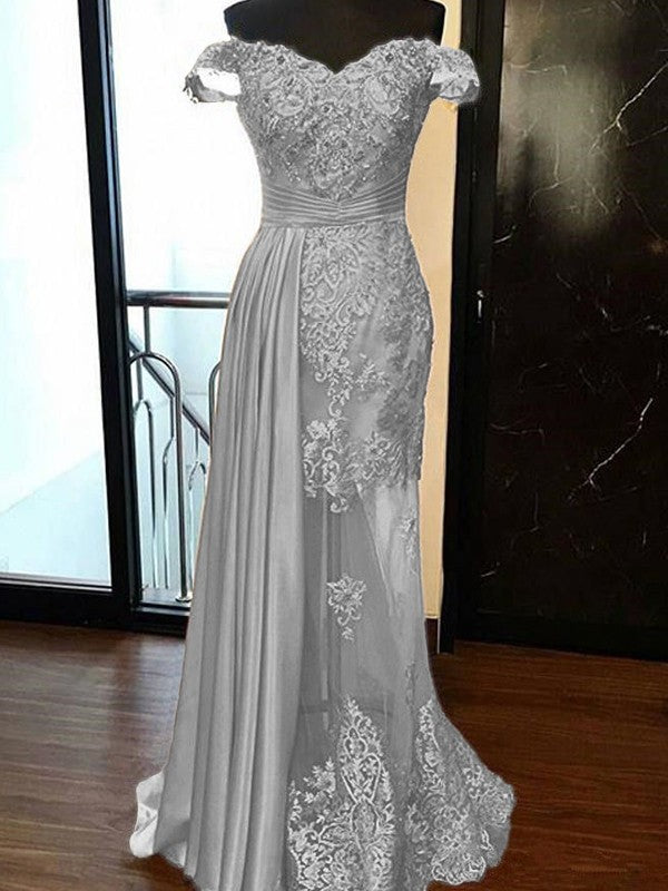 Sheath Sleeveless Off-the-Shoulder Sweep/Brush Train With Applique Elastic Woven Satin Tulle Prom Dress