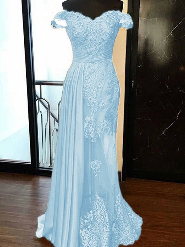 Sheath Sleeveless Off-the-Shoulder Sweep/Brush Train With Applique Elastic Woven Satin Tulle Prom Dress