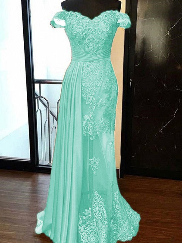 Sheath Sleeveless Off-the-Shoulder Sweep/Brush Train With Applique Elastic Woven Satin Tulle Prom Dress