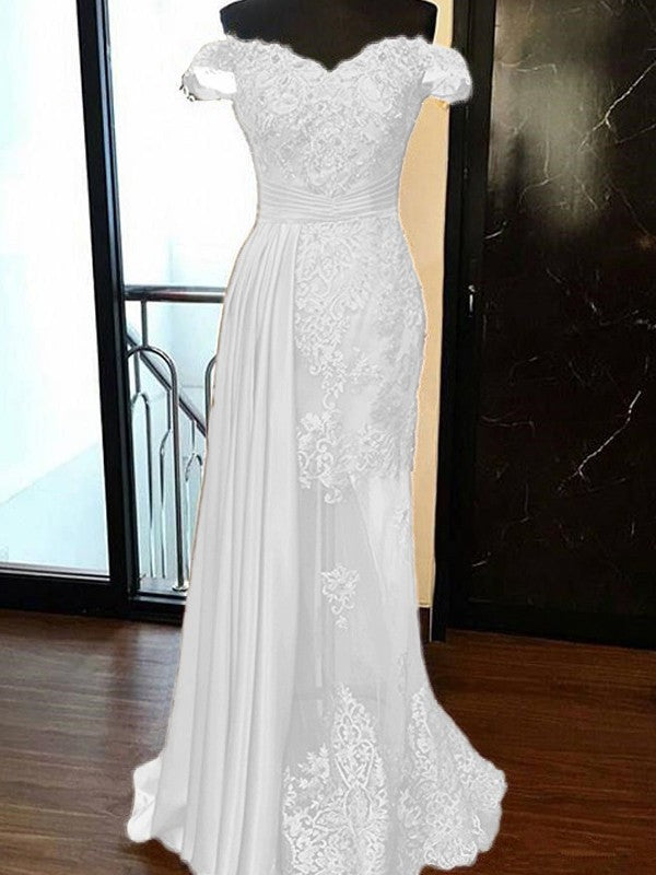 Sheath Sleeveless Off-the-Shoulder Sweep/Brush Train With Applique Elastic Woven Satin Tulle Prom Dress