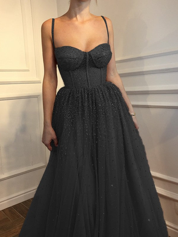 A-Line Sleeveless Spaghetti Straps Floor-Length With Beading Tulle Prom Dress