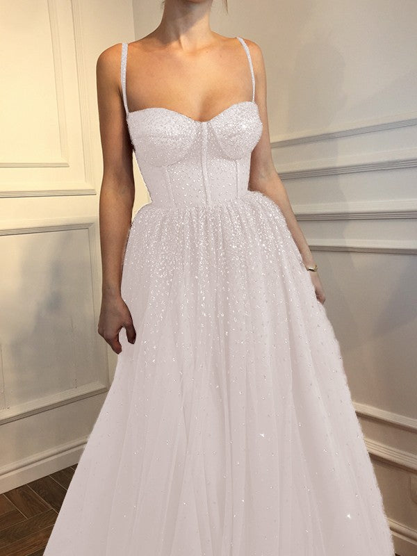 A-Line Sleeveless Spaghetti Straps Floor-Length With Beading Tulle Prom Dress