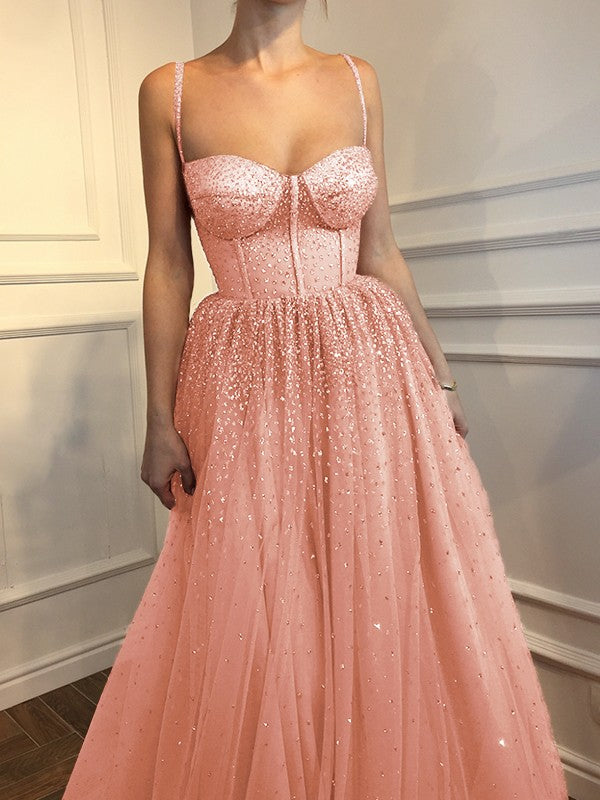 A-Line Sleeveless Spaghetti Straps Floor-Length With Beading Tulle Prom Dress